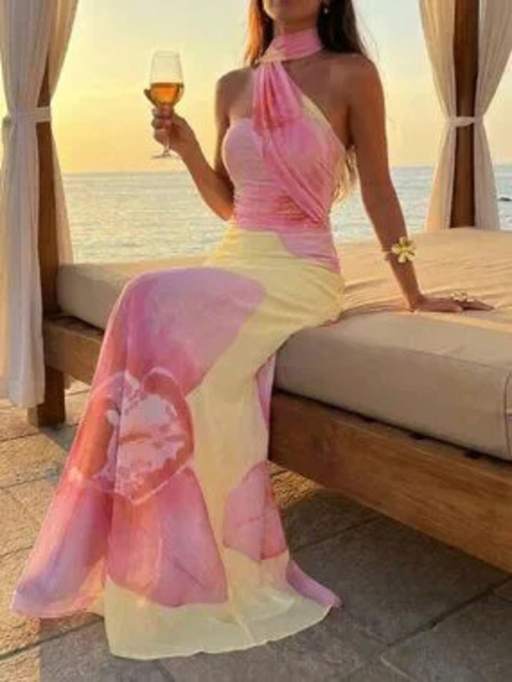 ZARA Pink Boho Women's Backless Halter Romantic Floral Print Dress